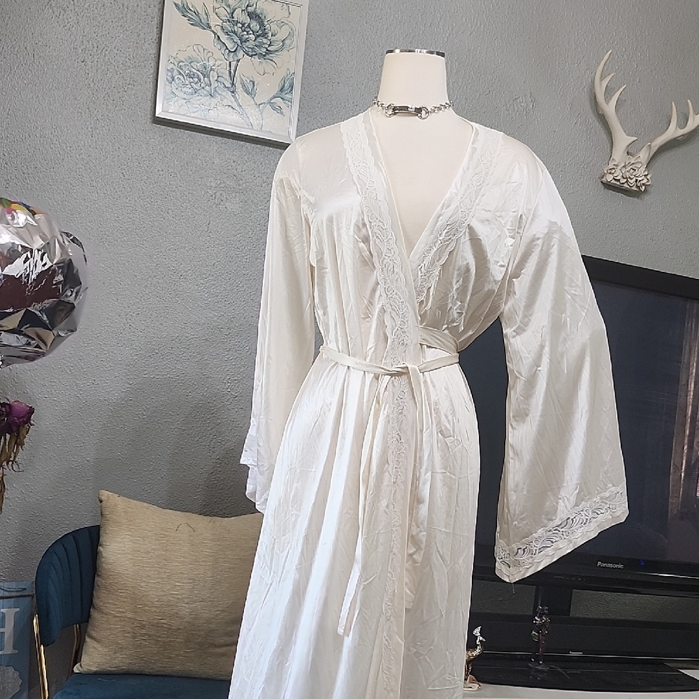 Tom Bezduda For Barad Vintage Elegant Ivory Lace Trim Robe Long Belted Sz. M